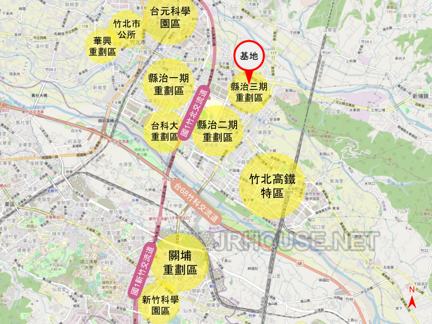 新竹縣竹北市重劃區地理位置：縣治三期重劃區、縣治二期重劃區、縣治一期重劃區、台科大重劃區、台元科學園區、竹北市公所、華興重劃區、竹北高鐵特區、關埔重劃區、新竹科學園區